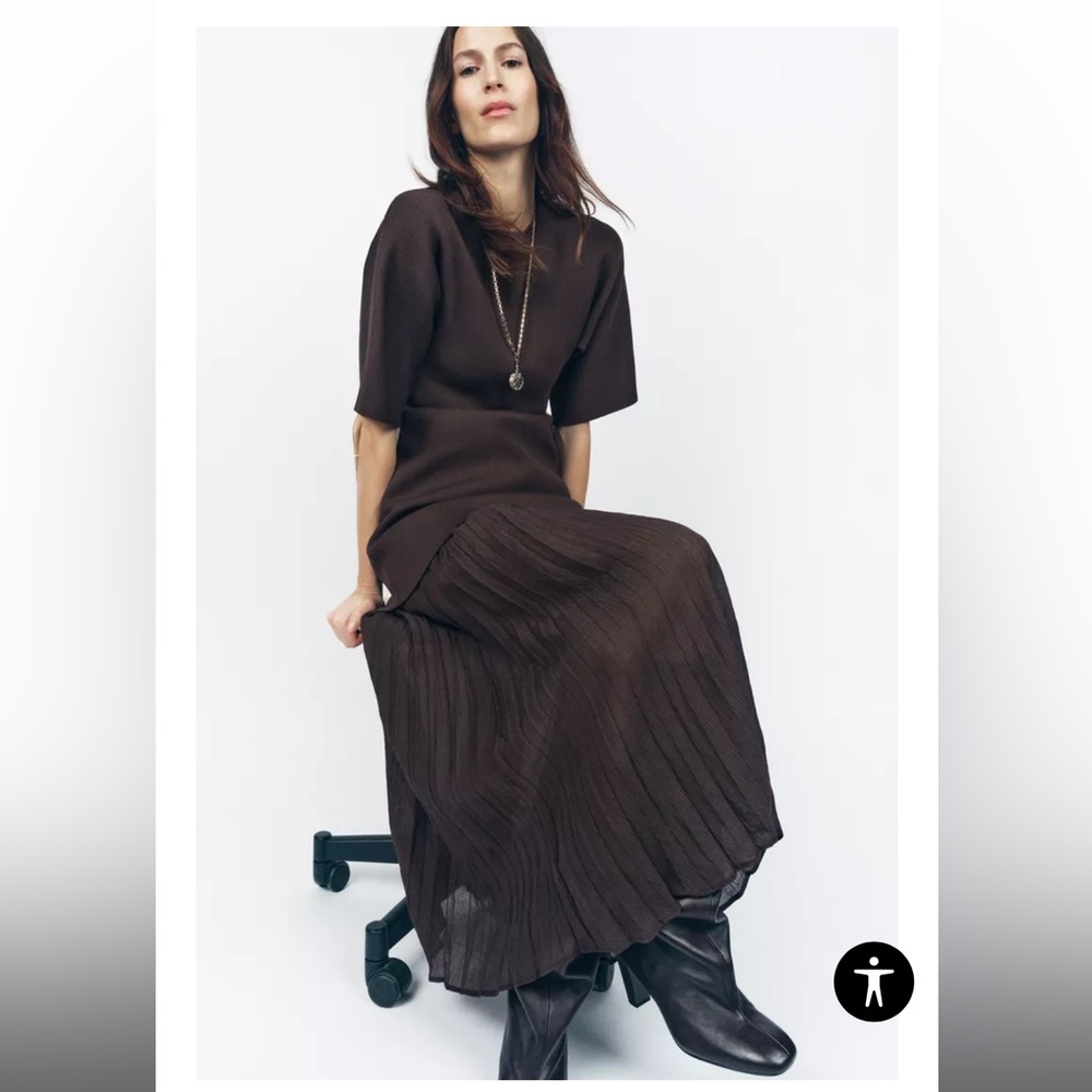 ZARA Brown Pleated Combination Dress- Size Large - 4192/001/700 NWT